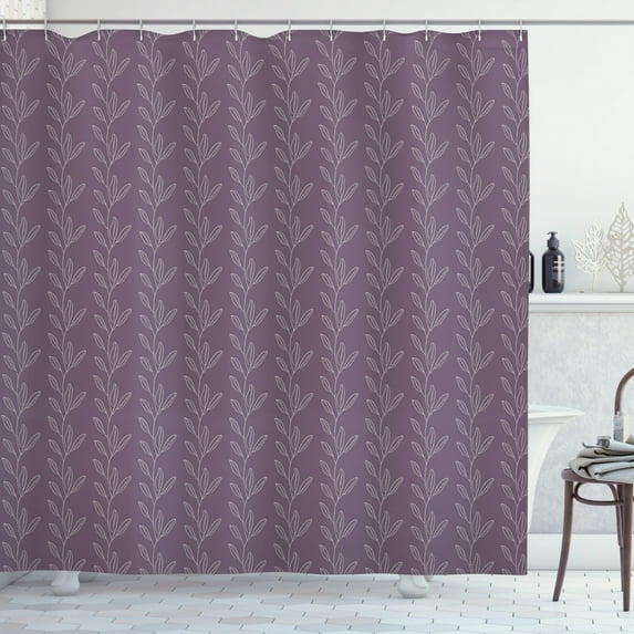 Abstract Shower Curtain, Botanical Theme Leaves and Branches Pattern in Monochrome Design, Fabric Bathroom Set with Hooks, 69W X 84L Inches Extra Long, White and Pale Eggplant, by Ambesonne