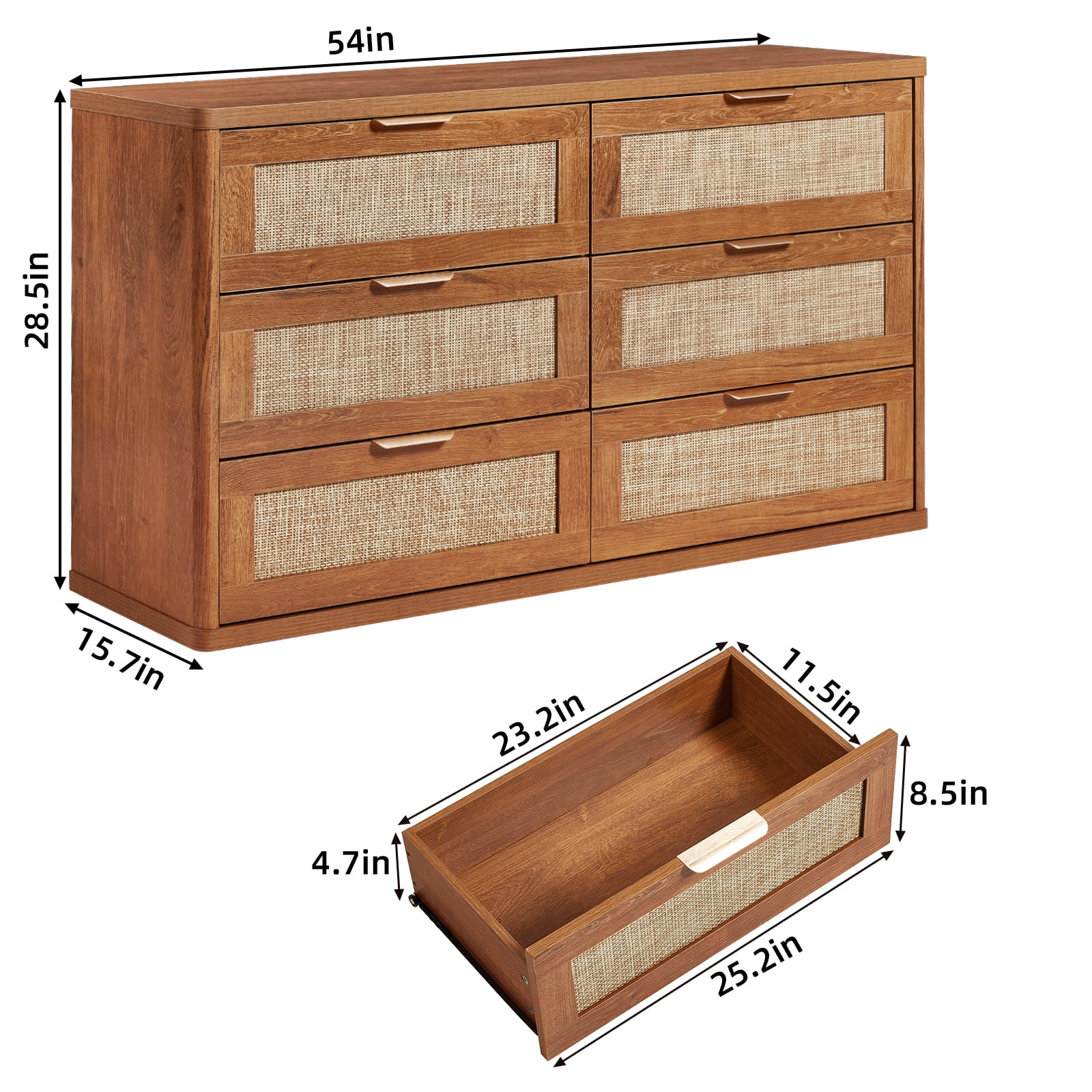 6 Drawer Dresser for Bedroom Set of 2, Boho 54" Wide Brown Dresser Chest of Drawers, Dressers TV Stand with Metal Handle, Storage Dressers Closet for Living Room