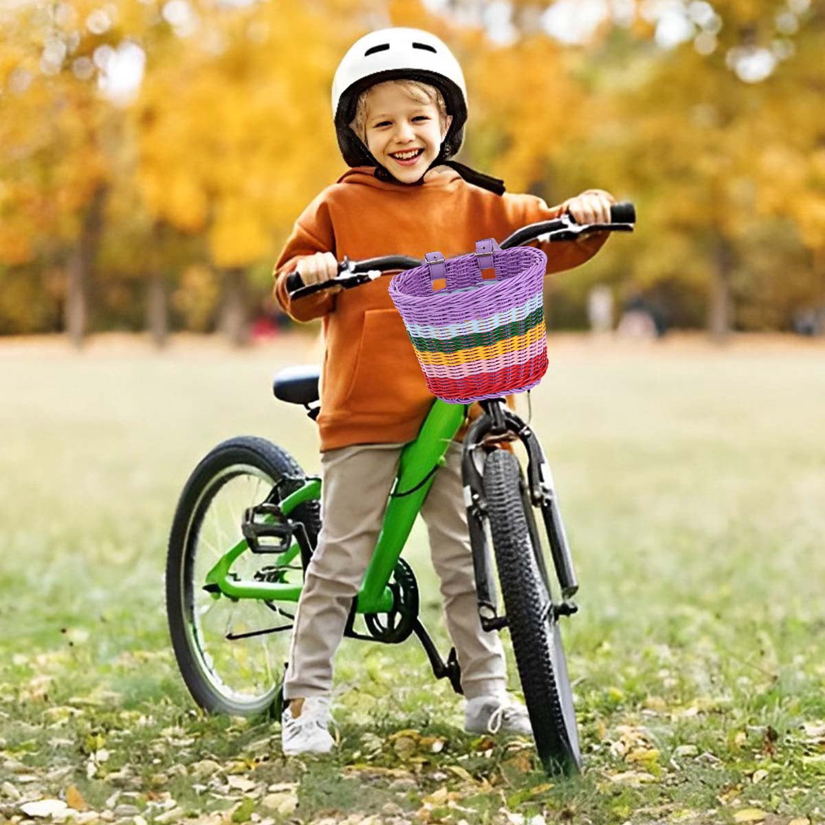 Kids Bicycle Basket Rainbow Bike Basket Cute Bicycle Handlebar Basket Cycling Baskets Front Basket With Straps Bike Accessories For Boys Girls Bicycle Trike Scooter Balance Bike -S