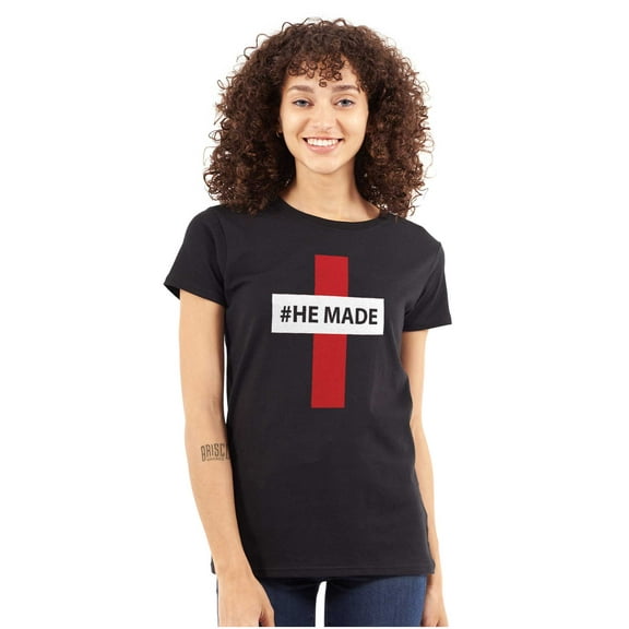 He Made Me Christian Jesus Christ Womens Slim Fit Graphic Tee Brisco Brands S