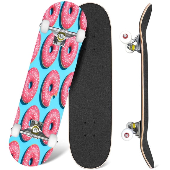31'' Complete Skateboard 7 Layer Canadian Maple Double Kick Deck Skateboards creative poster donuts donuts blue flat lay Skate Board for Beginner Adult Gifts