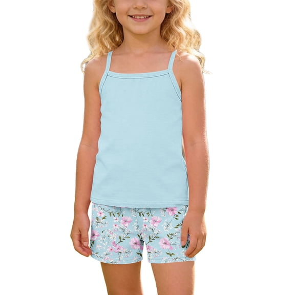 Qingpeng Girls Summer Sleeveless Tank Top and Shorts Floral Print Matching Outfit Set for Kids