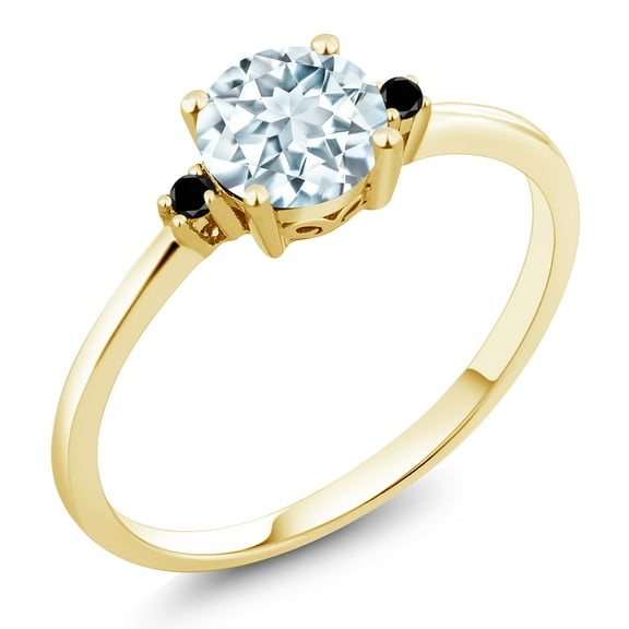 Gem Stone King 10K Yellow Gold Sky Blue Aquamarine and Black Diamond Solitaire Engagement Ring for Women (0.78 Cttw, Round 6MM, Gemstone March Birthstone, Size 6)