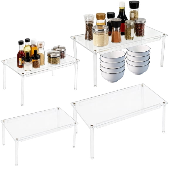 4 Pcs Acrylic Kitchen Cabinet Organizers, Set of 2 Stackable Shelves, Spice Rack Organizer, Expandable Storage Shelf for Kitchen, Makeup, Bathroom, Desk, Cupboard, Pantry Organization