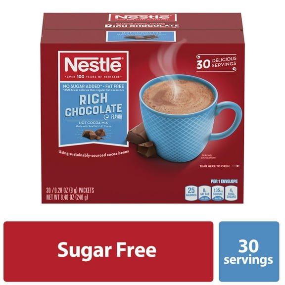 Nestle No Sugar Added, Fat Free Rich Chocolate Drink Mix, 0.28 oz, 30 Packets