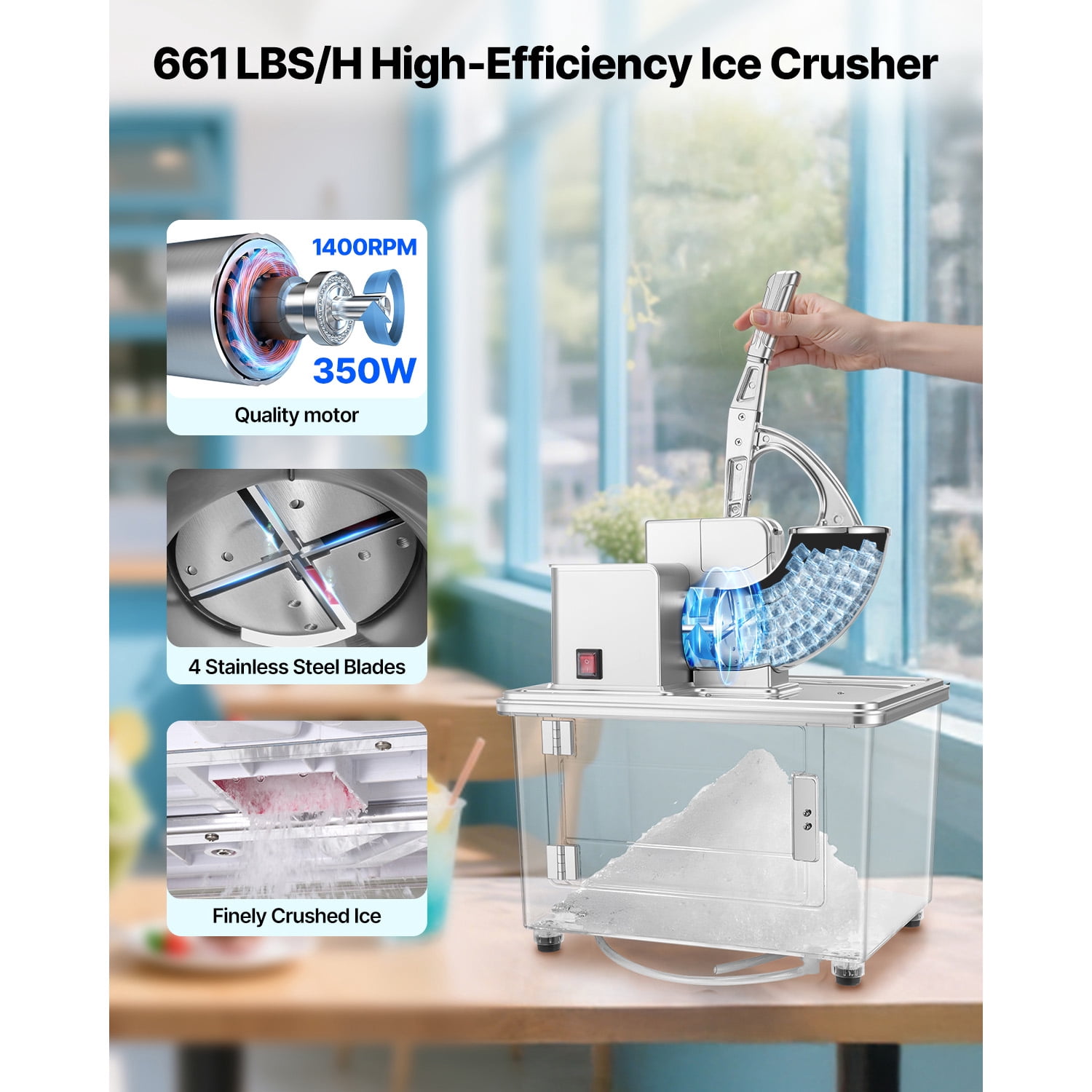 KFFKFF Commercial Ice Crusher 661LBS/H, 350W Electric Snow Cone Machine with 4 Blades, 2000RPM Stainless Steel Shaved Ice Maker with 11 Gal Ice Storage Box, Ideal for Homes, Restaurants, and Bars