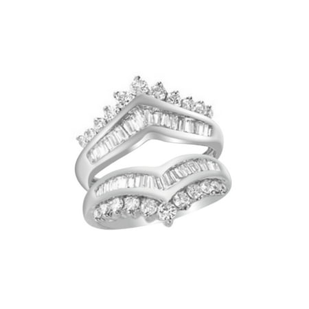 - Round & Baguette White Natural Diamond Solitaire Enhancer Guard Ring in 14k White Gold (1.25 Cttw)