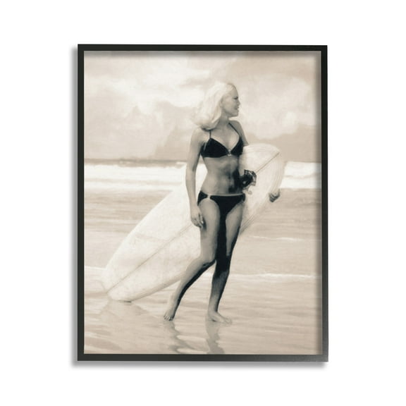 Stupell Industries Surfing Woman on Shore Sports Painting Black Framed Art Print Wall Art, 11 x 14