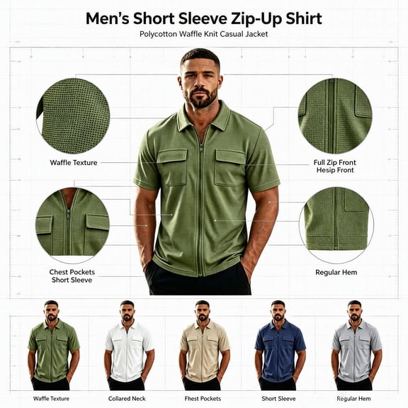 Kalauyu Short Sleeve Full Zip Cargo Shirts for Men Turn Down Collar with Chest Pocket Loose Casual Solid Color Summer Work Tops