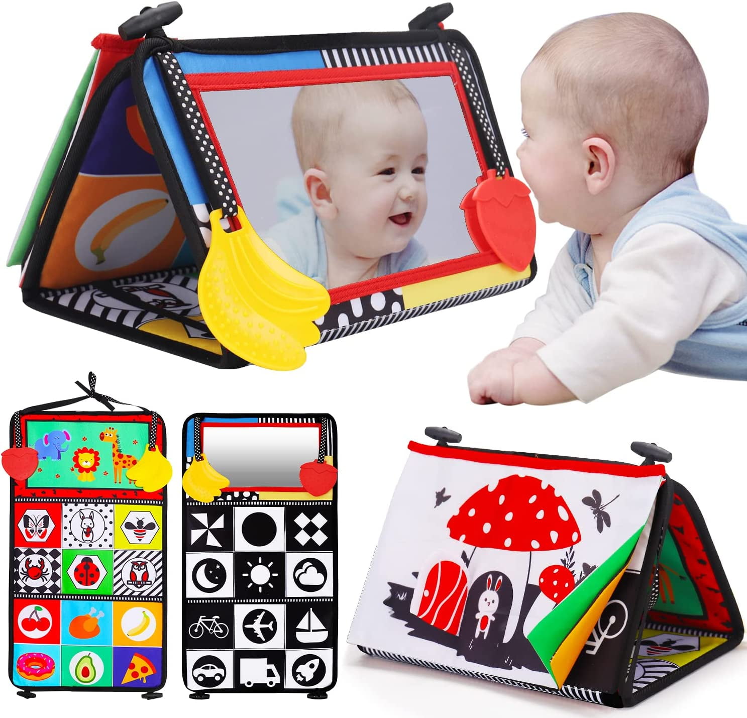 Joyfia Baby Mirror Toys for Tummy Time High Contrast Black and White Toys Boys Girls Essentials Newborn Infant 0-12 Months Old Brain Development Soft Safe Floor Mirror with Crinkle Book for Play 