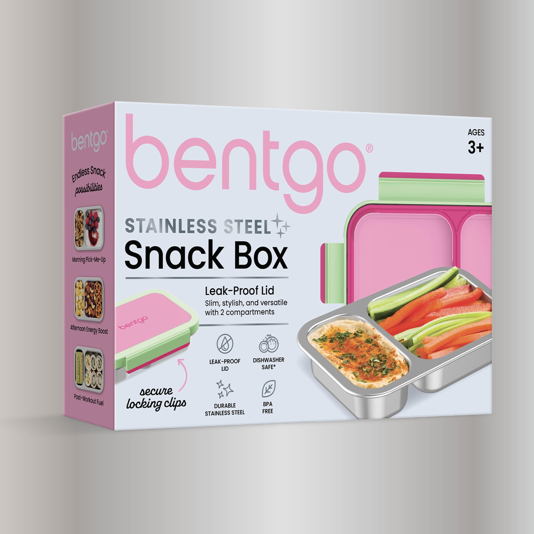 Bentgo Stainless Steel Snack Box - Leak-Proof, 2 Compartments, 2-Cup Capacity, Ideal for Kids 3+, Teens & Adults, Durable, Reusable (Strawberry)