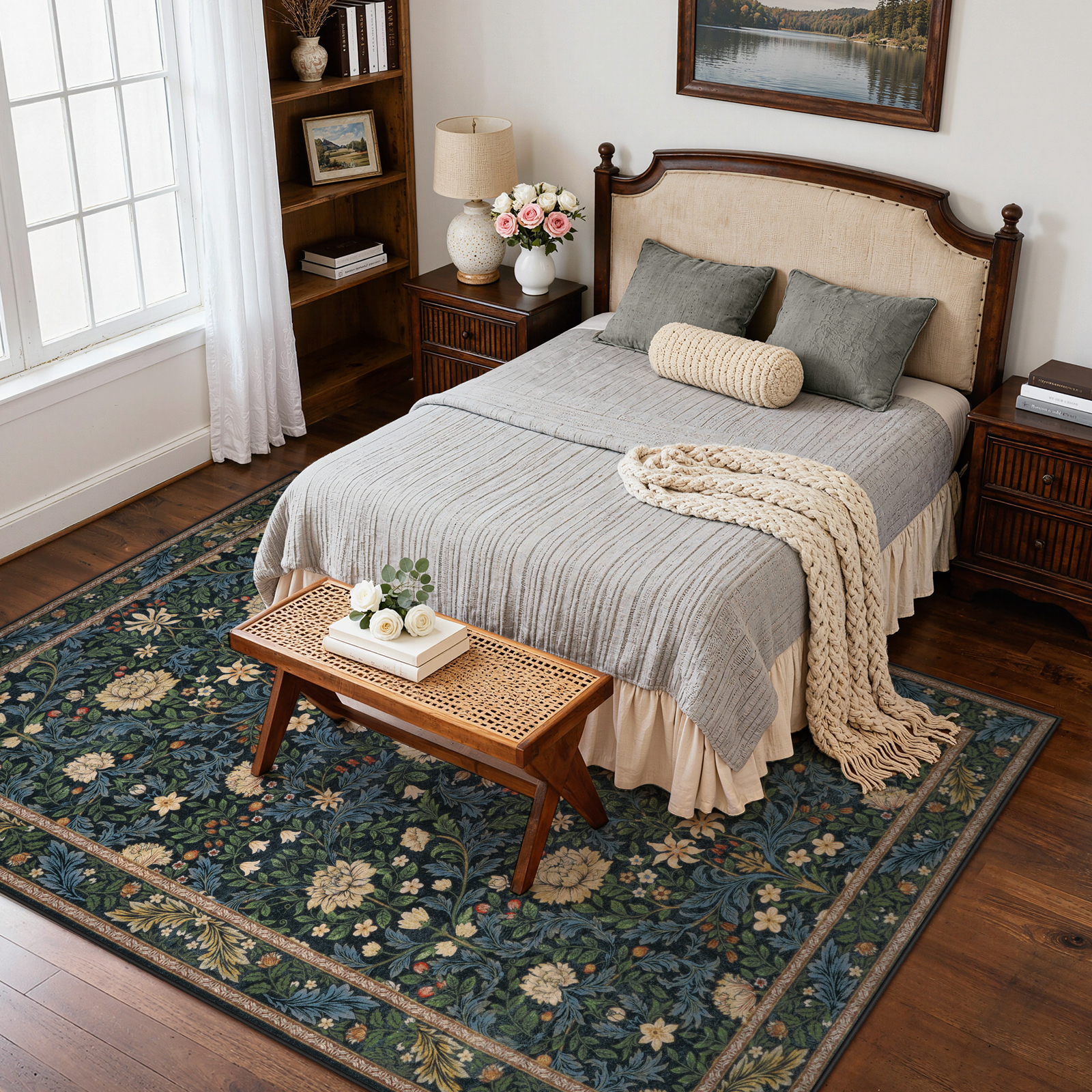 Lahome Non-Slip Washable 8x10 Area Rug, Boho Floral Vintage Low-Pile Carpet for Living Room Bedroom Dining Room and Office, Soft Indoor Mat in Dark Green/Black