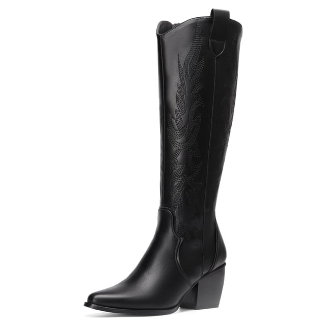 DREAM PAIRS Botas Vaqueras para Mujer de Pantorrilla Ancha, Cowboy Boots Mujer de Hasta Las Rodilla Con Tacón