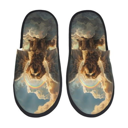 Balery Cloud Rainbow Winged Dog Slient Indoor Furry Fleece Comfort House Shoes Soft Non-Slip Home Shoes Cotton slippers House Slippers-- Medium