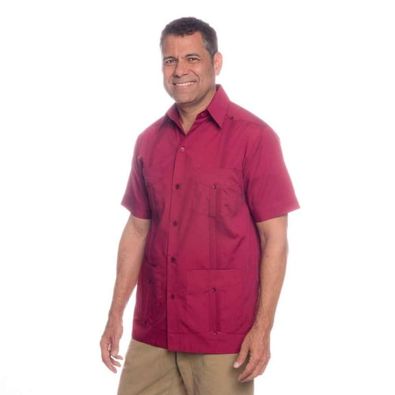 Traditional Cotton Blend Guayabera Men’s Short Sleeve Shirt (Burgundy, Small)