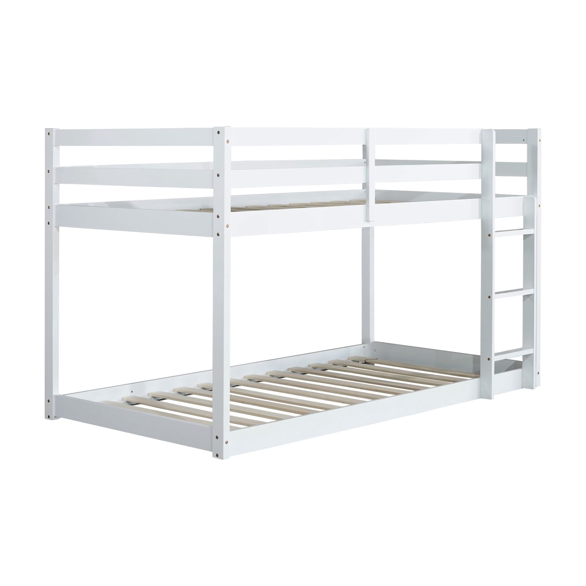 Leumius Twin over Twin Floor Bunk Bed with Ladder ,Upper and Bottom Bed Platforms Crafted with Strengthened Slats for Boys Girls White