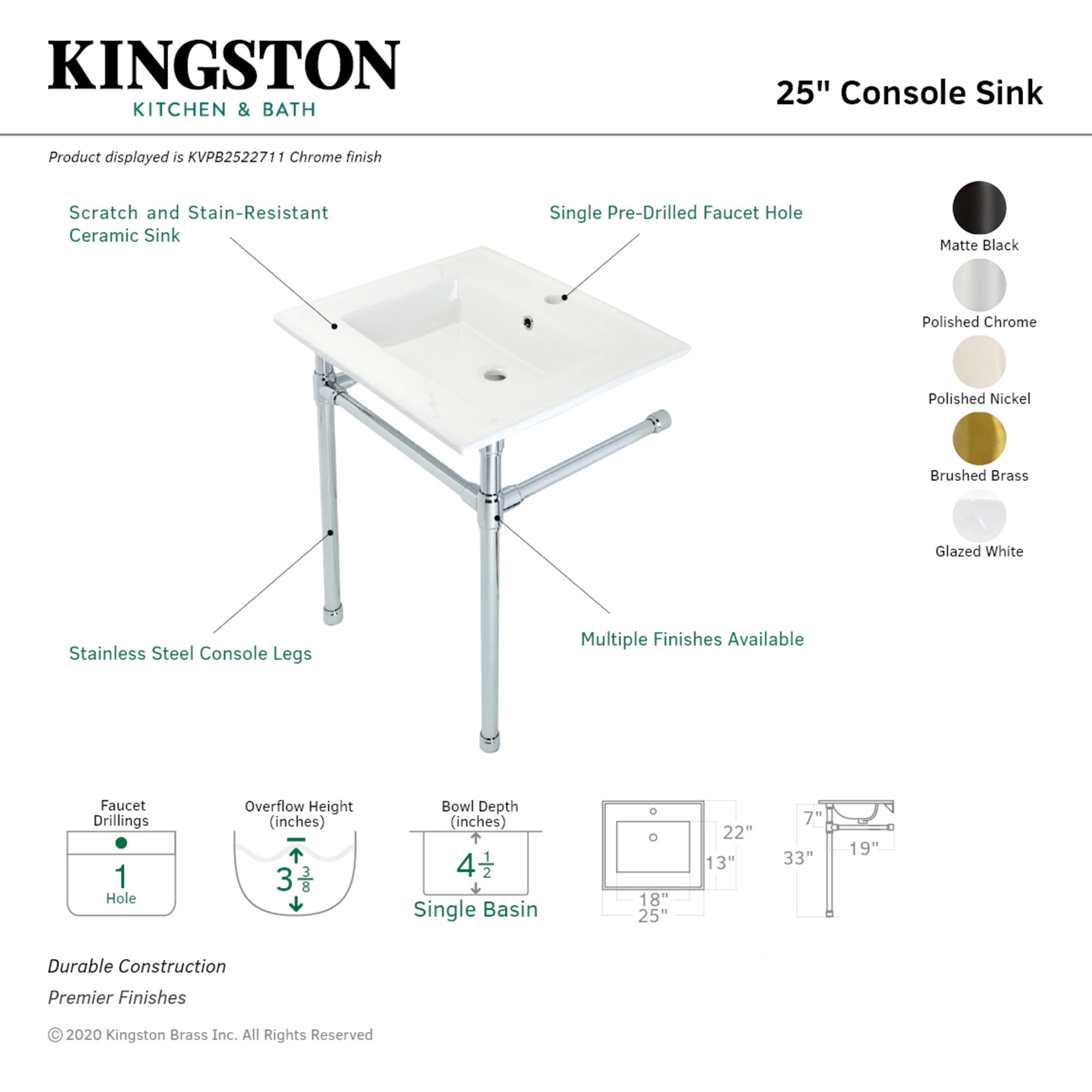 Kingston Brass KVPB2522711 Dreyfuss 25" Ceramic Console Sink with Stainless Steel Legs (1-Hole), White/Polished Chrome