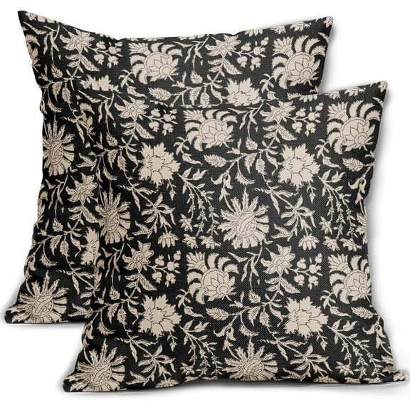 Ryan; Black Floral Pillow Covers 18x18 Set of 2 Brown Cream Vintage Flower Block Print Pattern Decorative Throw Pillows Farmhouse Outdoor Rustic Square Cushion Cases Decor for Home Sofa Bed Couch