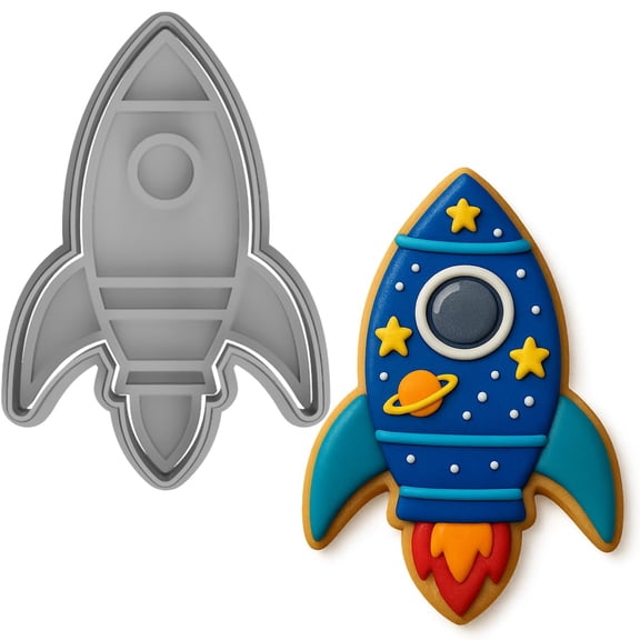 Space Rocket Cookie Cutter & Stamp Set, model A100 4" Made in USA by Mighty Gadget (4 x 2.6 inches)