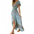 thumbnail image 2 of PENGXIANG Robe Maxi Bohème à Fleurs Imprimées Col en V Manches Courtes Fendue pour Fête à la Plage S-TG, 2 of 5