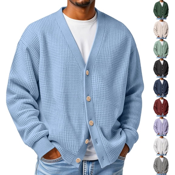 Lumtrix Cardigan Men Men's Casual Long Sleeve Button Front V Neck Waffle Knit Cardigan Sweater Casual Sweatshirts Button Up Fall Oversized Cardigan Beige XL