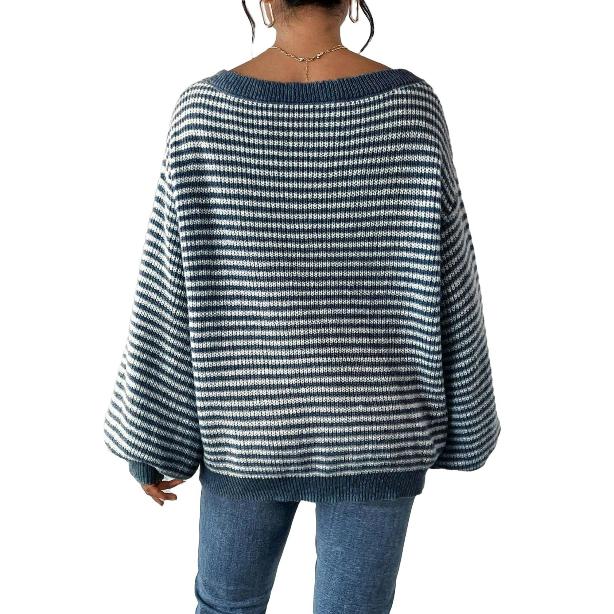 Casual Striped Off the Shoulder Pullovers Long Sleeve Blue Women Sweaters (Women's)