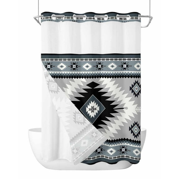 No Hook Cloth Fabric Shower Curtain with Snap in Liner, Haze Blue Boho Waterproof Shower Curtains Set with See Through Top Window, Farmhouse Retro Southwest Aztec Motifs Bath Curtains Shower 72"x96"