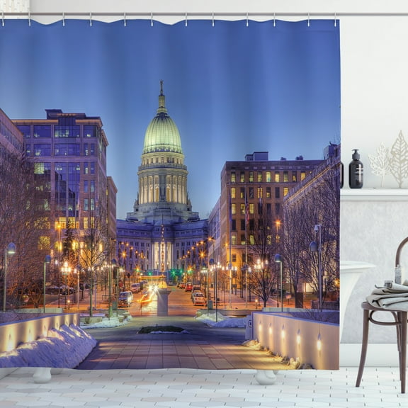 Wisconsin Shower Curtain, Capital Landmark Building at Twilight Beautiful Architecture in Winter Season, Fabric Bathroom Set with Hooks, 69W X 84L Inches Extra Long, Multicolor, by Ambesonne
