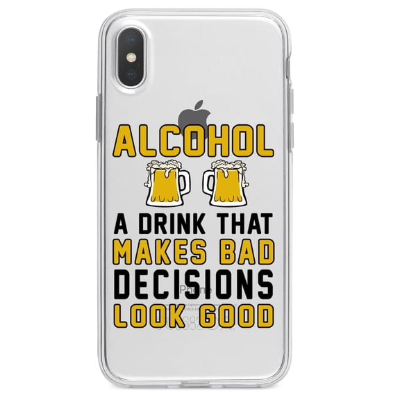 DistinctInk Clear Shockproof Hybrid Case for iPhone XR (6.1" Screen) - TPU Bumper Acrylic Back Tempered Glass Screen Protector - Alcohol Makes Bad Decisions Look Good