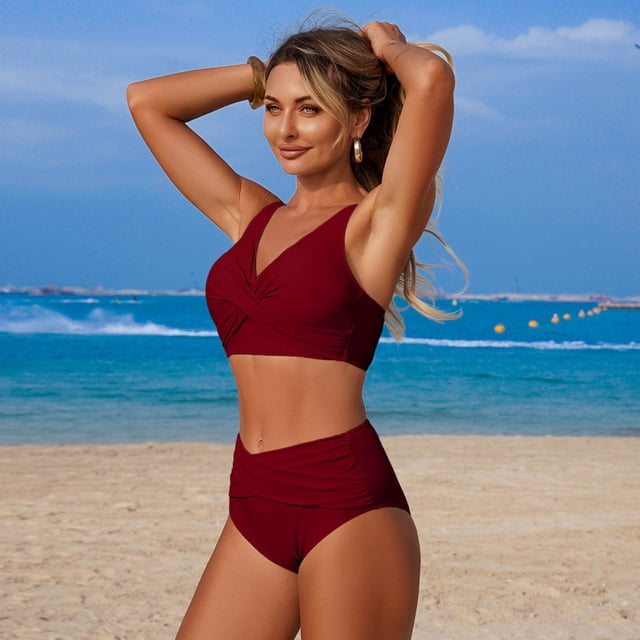 Solid Color High Waist Bikini Two Piece Swimwear Tankini With Control 3 Piece Swimsuits for Women with Cover up Racing Swimsuit Women plus Exposure Suit L Swim Suit with Shorts Swim Suit Tops for