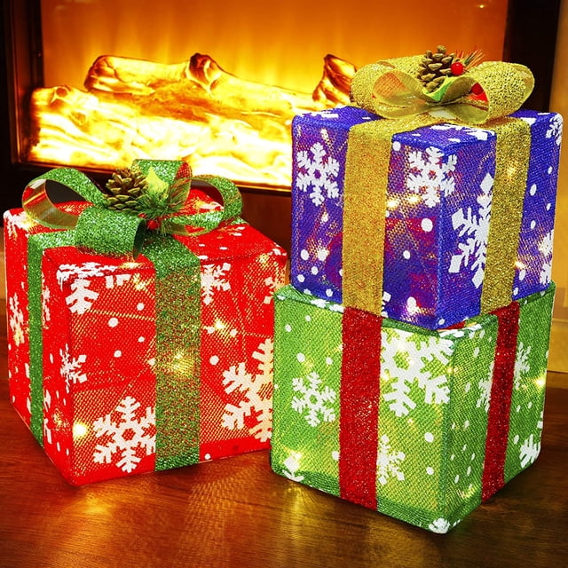 Xihbxyly Ofertas y Rebajas de Hoy: Liquidación Juego de 3 Cajas de Regalo Iluminadas para Decoración Navideña, Cajas de Regalo con Forma de Copo de Nieve, Cajas de Regalo Navideñas para El Hogar