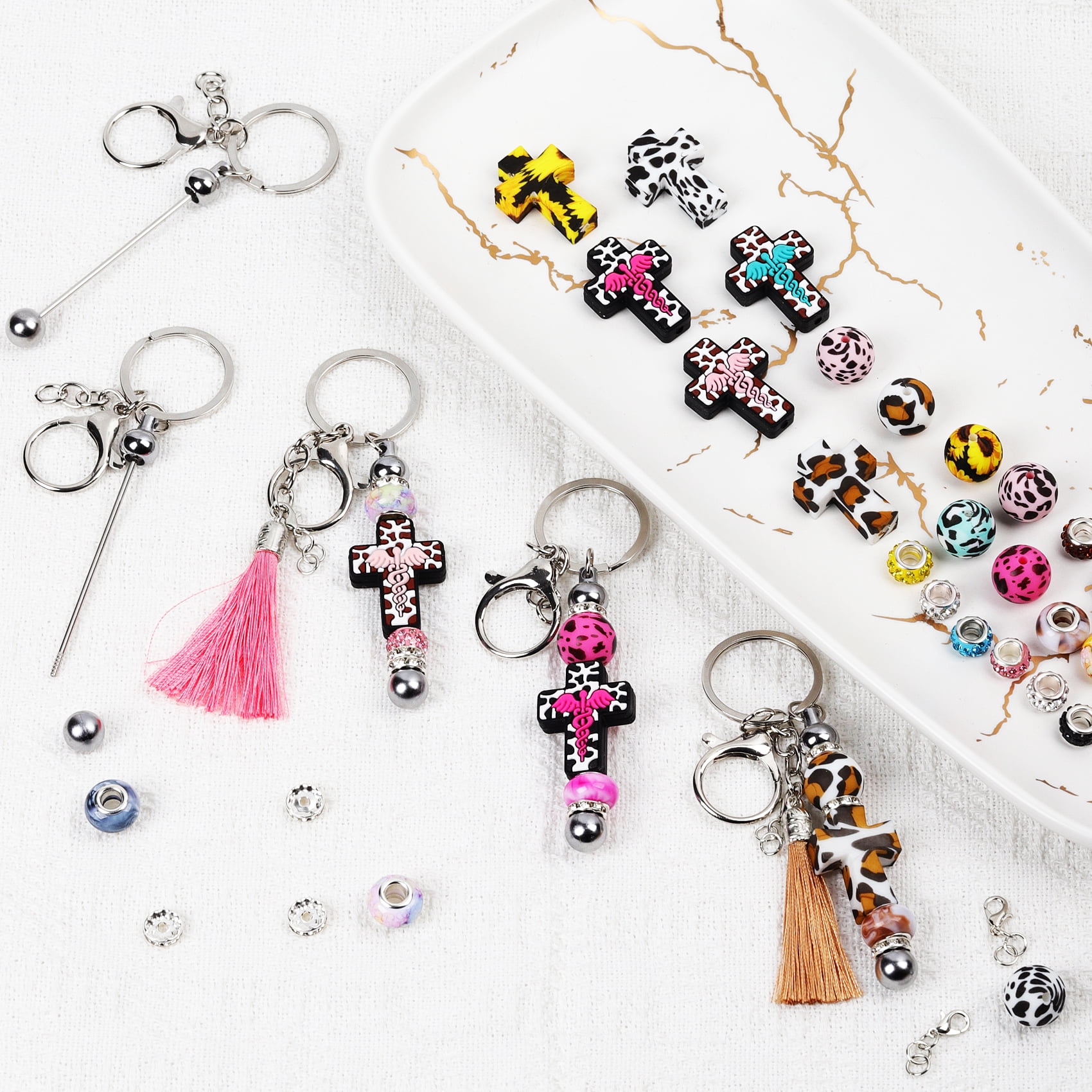 116PCS Beadable Keychain Kit with Jesus Cross Silicone Beads, Christian DIY Keychain Making Kit with Beadable Keychain Bars, Tassels & Clasps, Faith Craft Supplies for Church Groups, Women & Teens