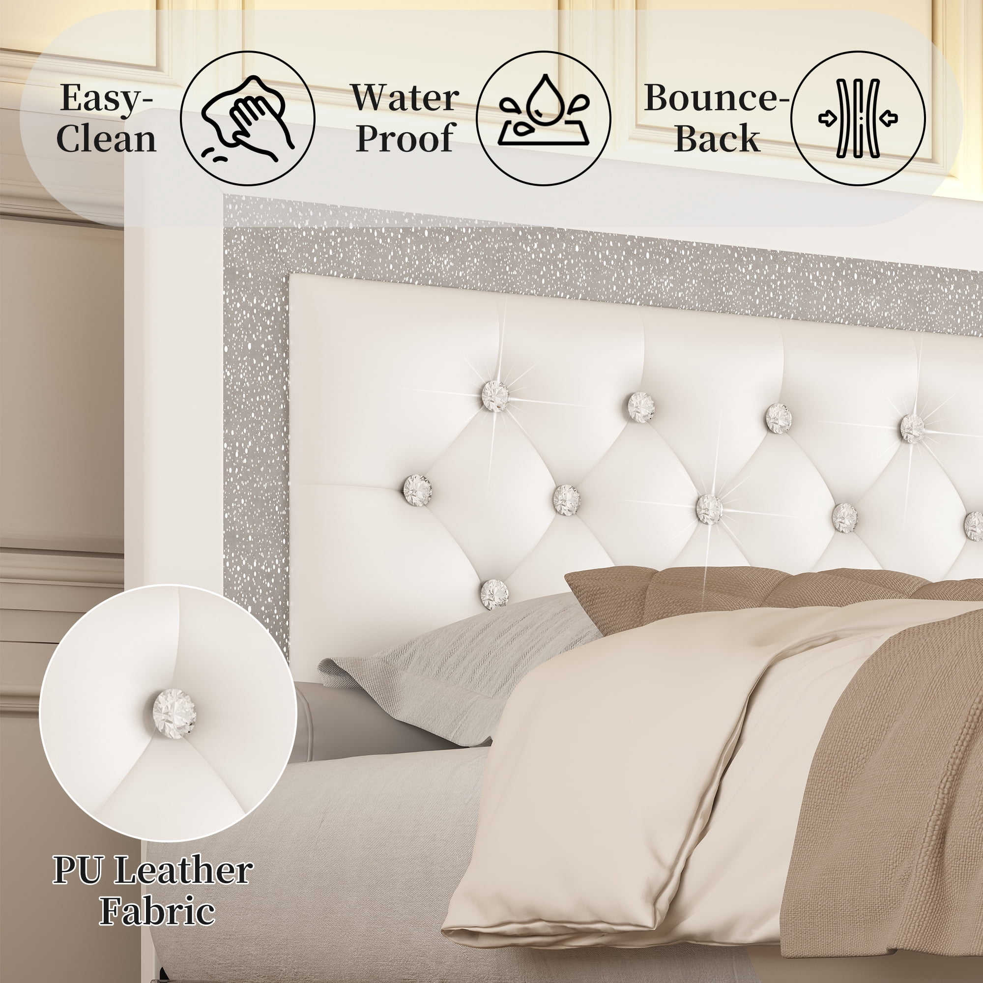 SIBEDS Full Upholstered Bed Frame with Adjustable Headboard and LED Lights, White PU Tufted Diamond Button, No Box Spring Needed, Noise Free