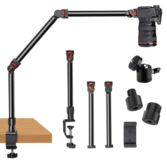 Overhead Camera Mount Desk Stand, 3-Section Flexible Detachable Articulating Arm with 1/4“ 3/8" 5/8" Screw&360° Ball Head