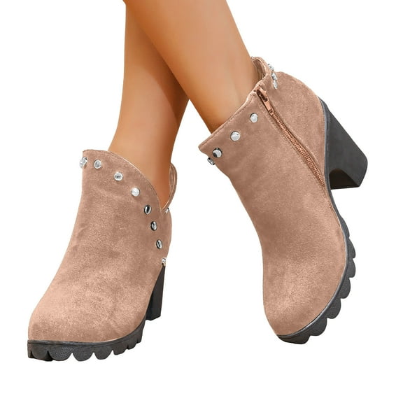 Women's Chunky High Heeled Ankle Boots Fashion Studded Suede Fall Booties V Cut Dress Platform Boots
