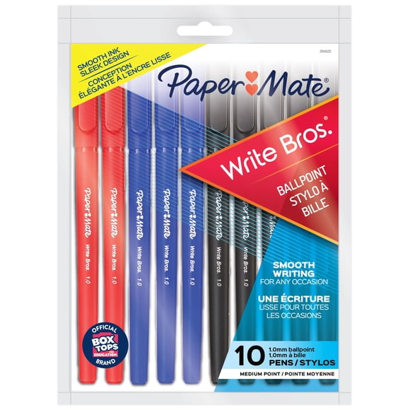 Stylos-bille Paper Mate Write Bros, encres assorties, pointe moyenne (1,0 mm), 10 unités