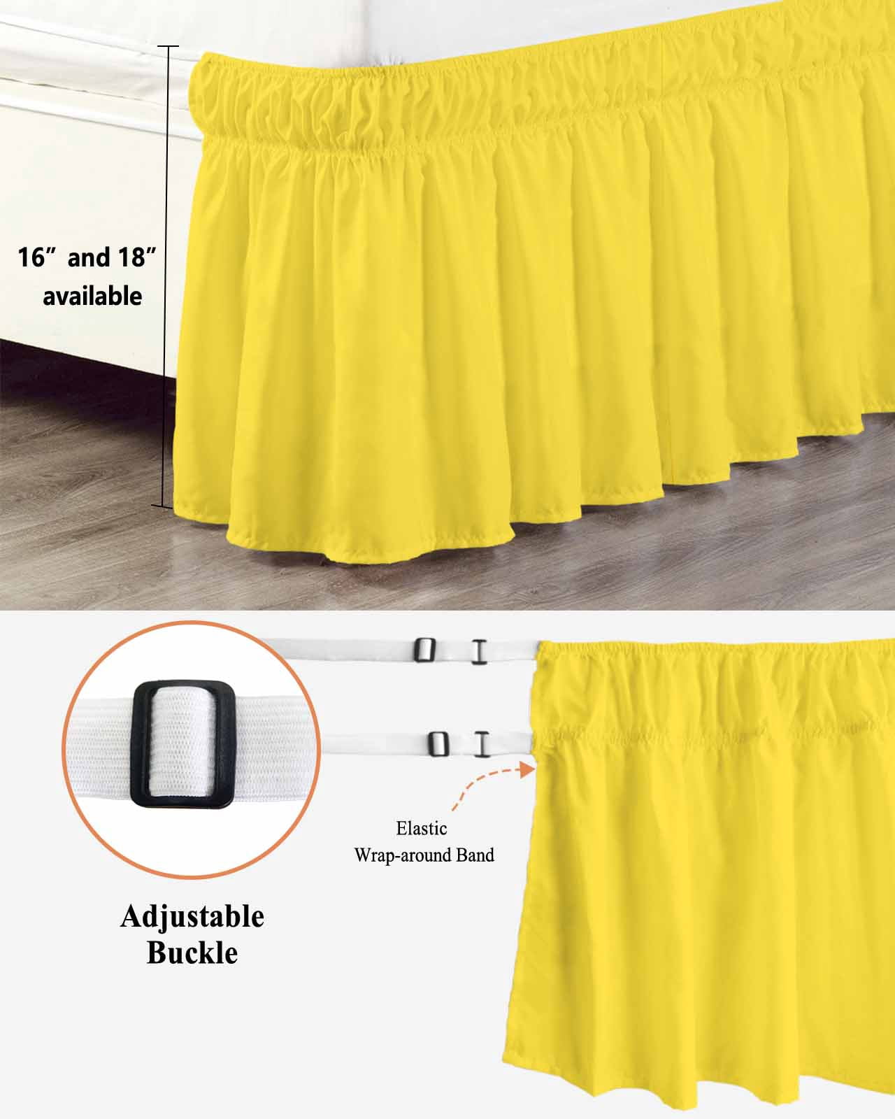 Yellow Bed Skirt Queen Size 16" Drop Solid Color Ruffled Wrap Around Bed Skirts Adjustable Elastic Bedskirt Dust Ruffle for Queen Size Bed