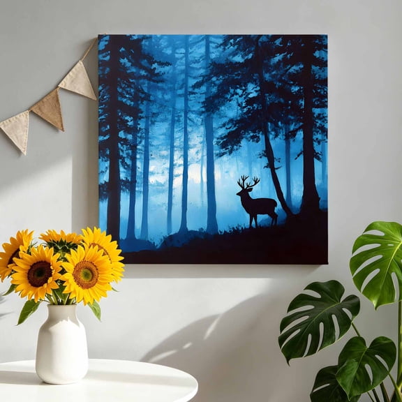 Canvas Wall Art Christmas Winter Canvas Art Print Rustic Tree Blue Deer Deep Forest Moonlight Pictures Wall Decor for Living Room Bedroom Artwork Decorations Stretched Framed Ready to Hang 10"x10"