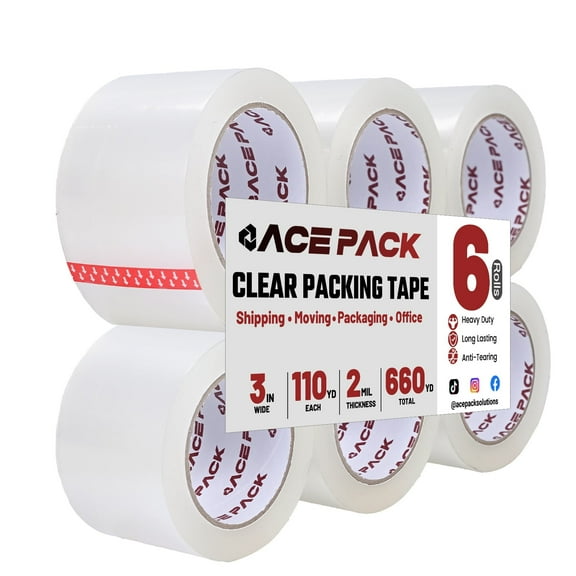 Ace Pack 3" Wide x 110 Yards Per Roll, 2.0 Mil Thick Heavy Duty Clear Packing Tape Sealing Tape Shipping Tape 6 Rolls