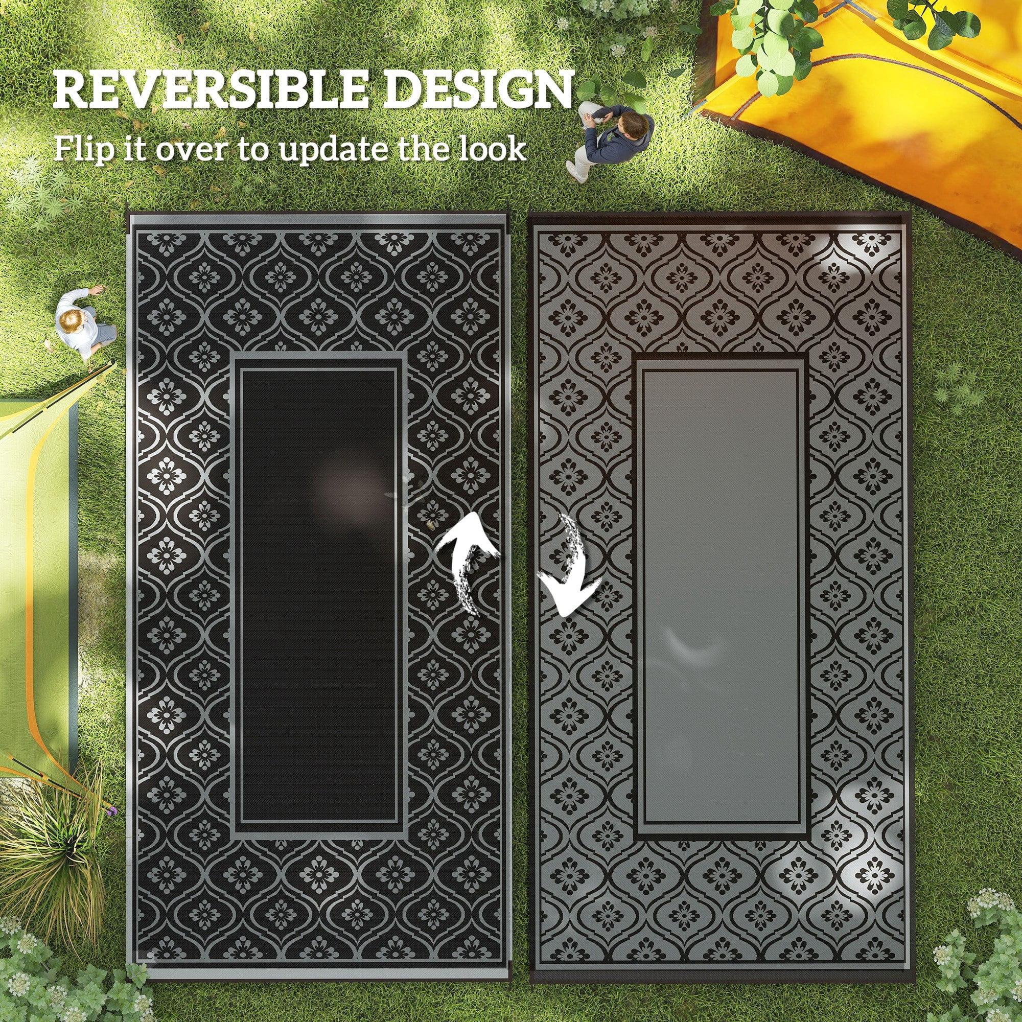 9' x 18' Black & Gray Gourd Border Reversible Outdoor Patio Rug, Waterproof Plastic Straw RV Camping Rug with Carry Bag, Foldable Fade Resistant Mat