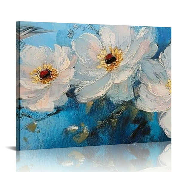 FCXZI Large Flower Canvas Wall Art White Elegant Floral Painting Handmade Textured Landscape Picture Blue Gold Abstract Artwork for Living Room Bedroom Bathroom Office Home Decor 16x12in