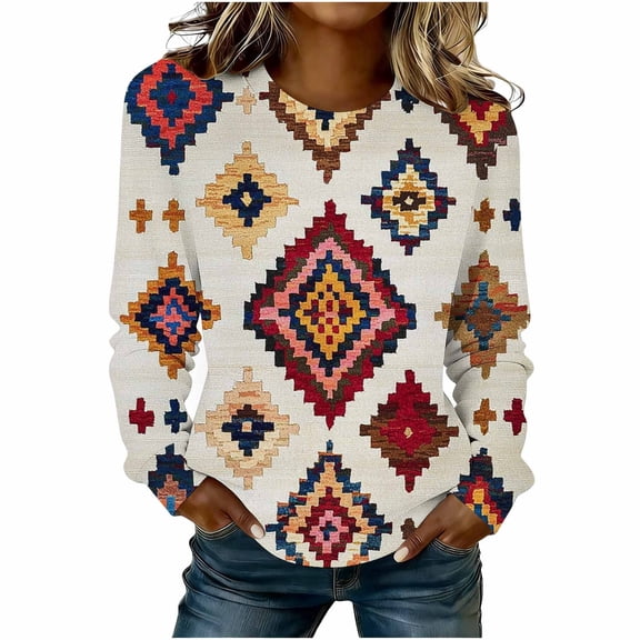 Miqool Western Vintage Print Sweatshirts for Women Long Sleeve Crewneck Casual Loose Pullover Sweatshirt Top