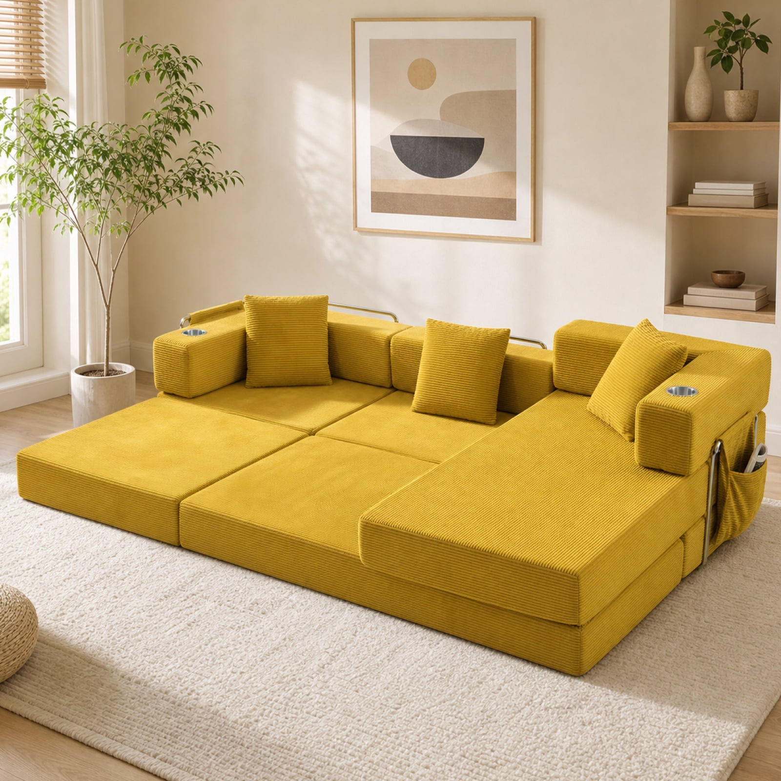 Garitin Sectional Sofa and Modular L Shape Cloud Couch 108 Inch, Boneless Deep Seat Corduroy Living Room Furniture, Yellow