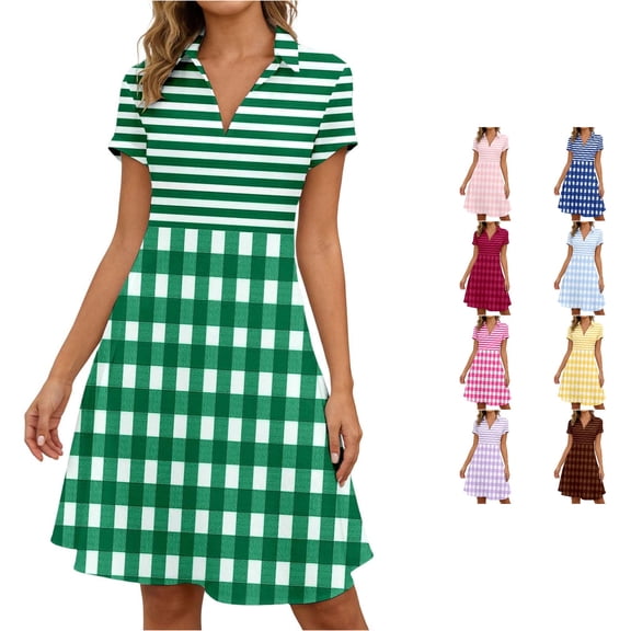 ZHOGXU Womens Summer Dresses Short Sleeve Lapel Plaid Striped Print A Line Elegant Relaxed Fit Shirt Dress For Casual Daily Wear,Dark Green,Xxl