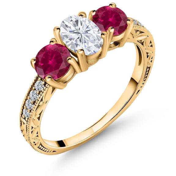 Gem Stone King 18K Yellow Gold Plated Silver Red Created Ruby and White Moissanite Engagement Ring for Women (3.02 Cttw, Size 9)
