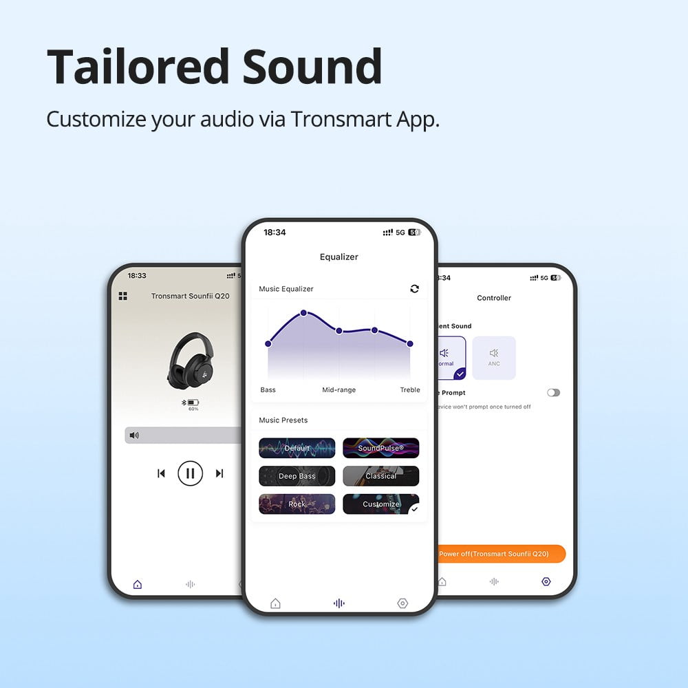 Tronsmart SOUNFII Q20 Bluetooth Single Feed Noise Cancelling Over-Ear Headphones Black