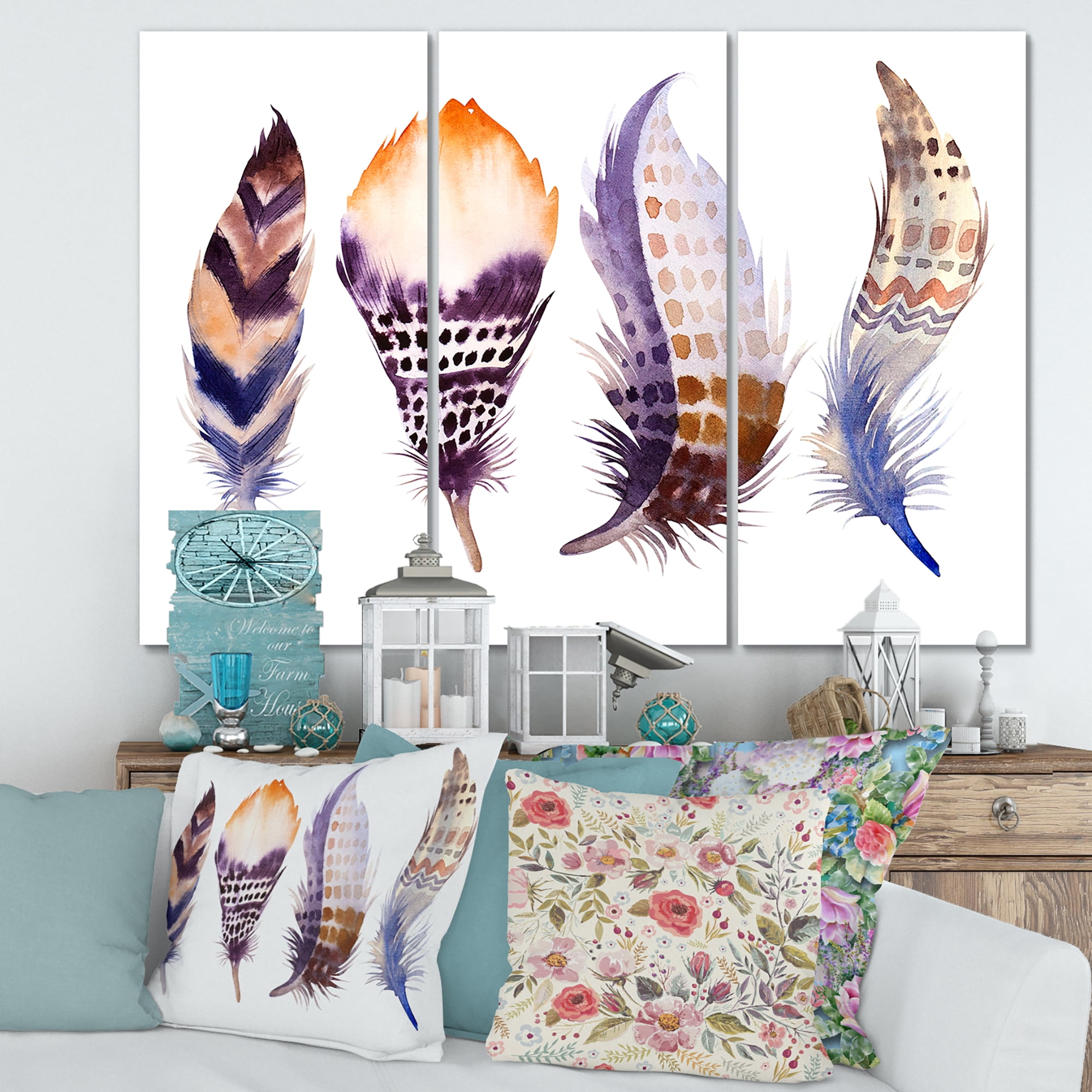 Designart ' Purple Boho Art Feathers ' Bohemian & Eclectic Canvas Wall Art Print