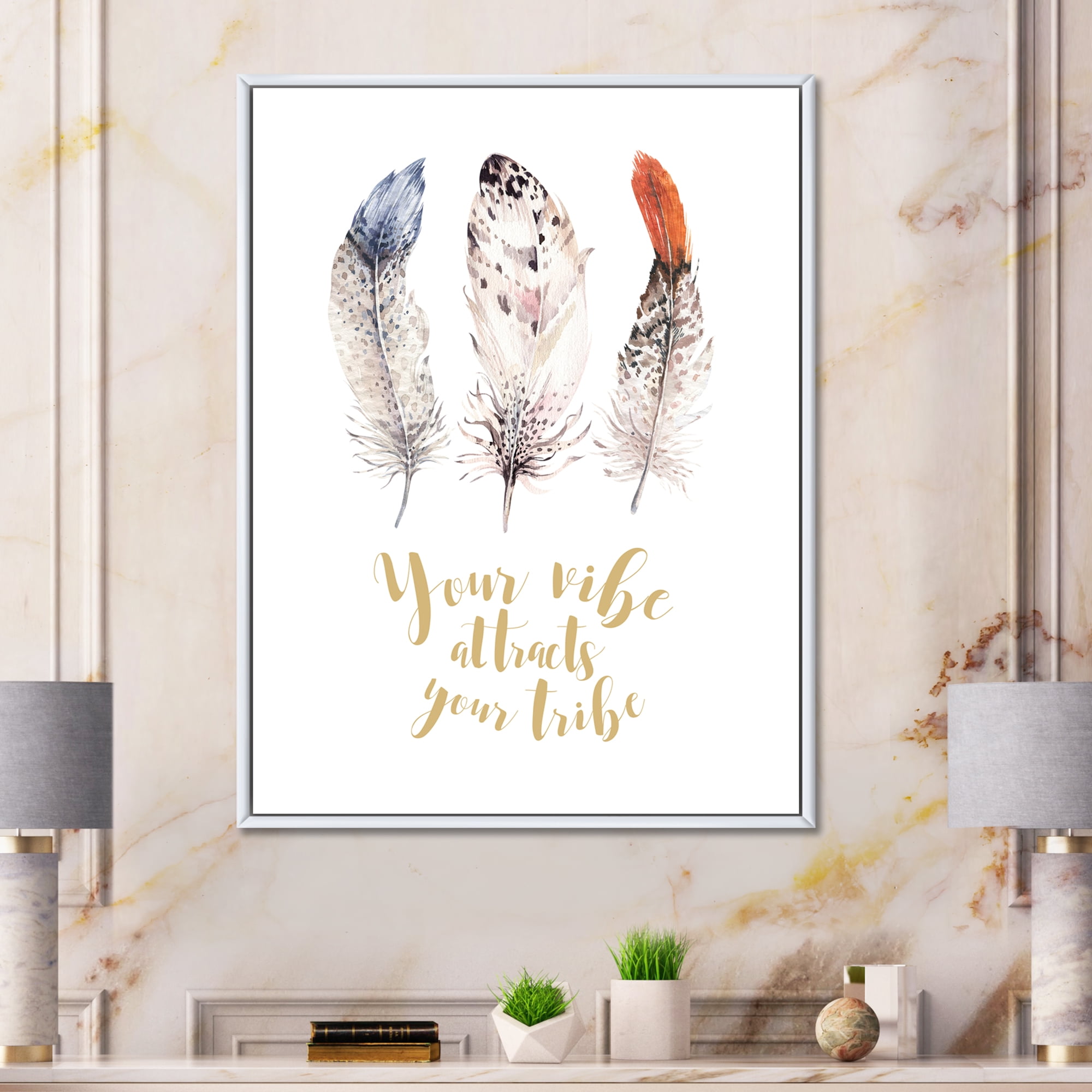Designart 'Your Vibe Attracts Your Tribe Ethnic Feathers II' Bohemian & Eclectic Framed Canvas Wall Art Print