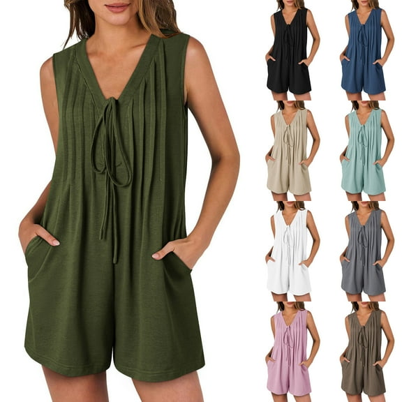 BiZtdJrK Sales of The Day Clearance Prime, Womens Short Rompers with Pockets for Summer Loose Sleeveless Pleated Tie Front V Neck Jumpsuits Casual Loose Fit Solid Color Jumper Shorts Black XXL