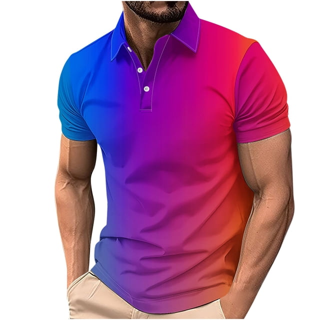 Plebaso Mens Fashion Shirts Gradient Print Short Sleeve T-Shirt Collar Button up Casual Tops Tee for Men